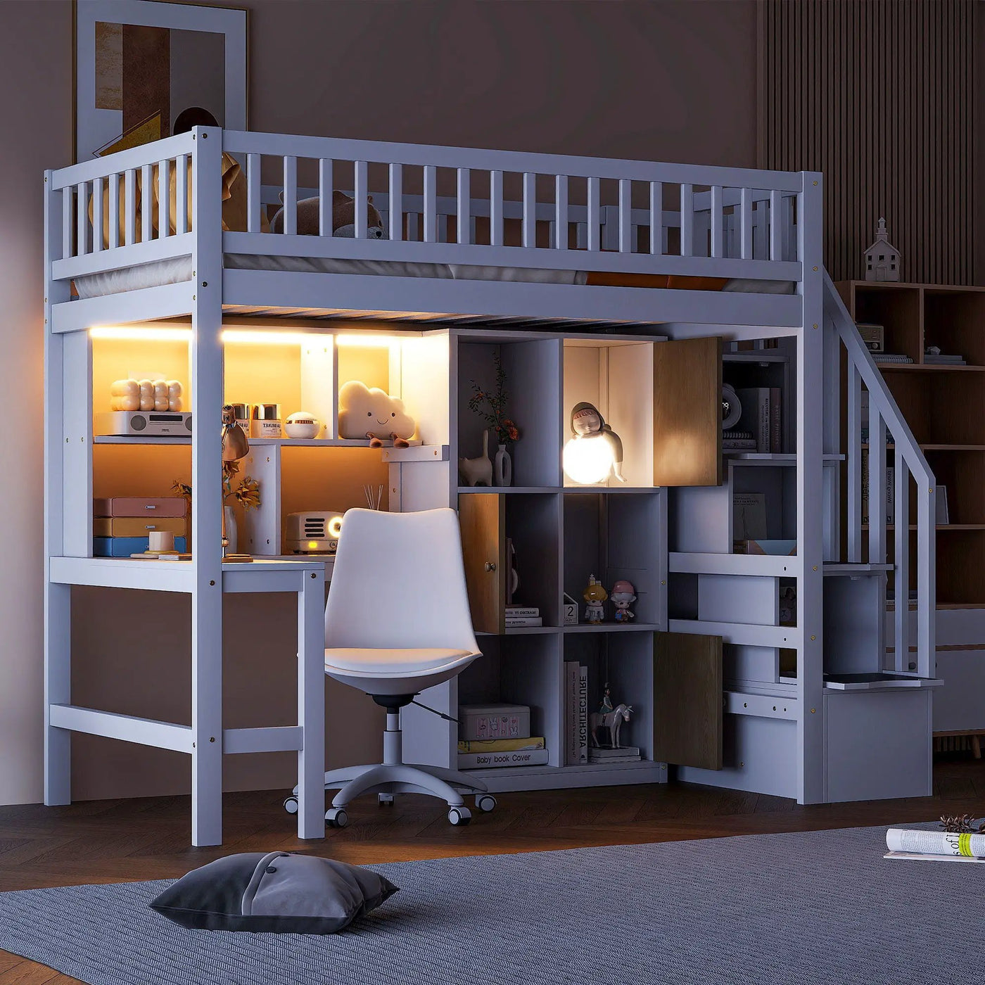 Loft Bed With Built In L Shaped Desk, LED Lights, Storage Shelves, Cabinets, And Staircase by HouseOfZazla
