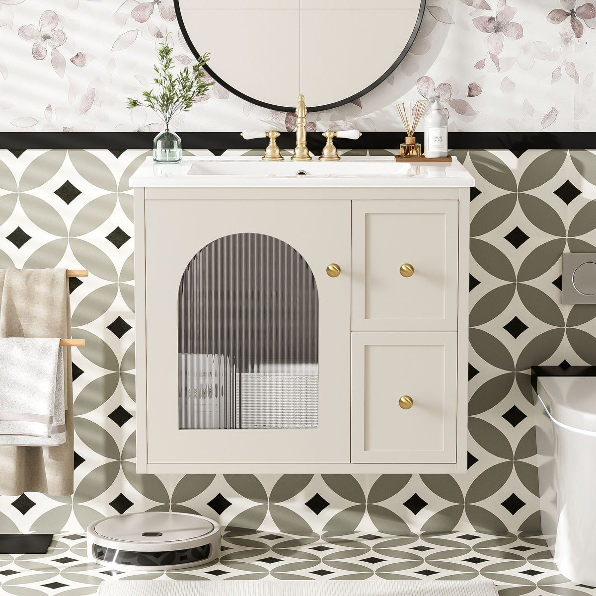 Wall-Mounted Bathroom Vanity Set with Ceramic Sink and Soft-Close Drawers - Black, Beige, or White, photo 10 of 12
