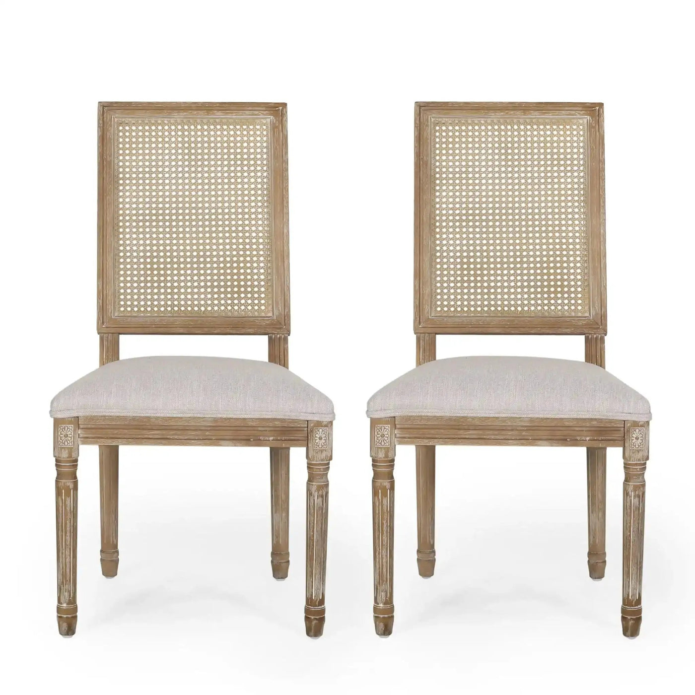 French Country Dining Chair With Rectangular Cane Backrest And Smooth Upholstered Seating by HouseOfZazla