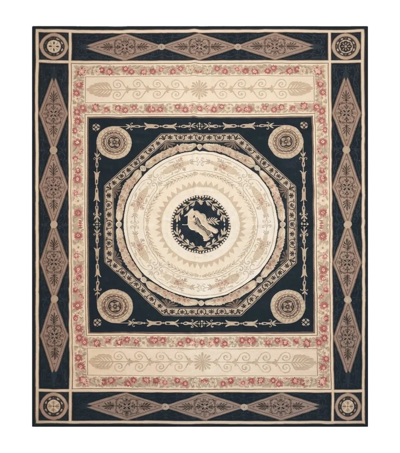 8x10 Woolen Needlepoint Rug Black European Savonnerie Carpet Circles Flat Weave Carpet Area Rug New Handmade Hand-Knotted Harp Flowers by Jewel Rugs