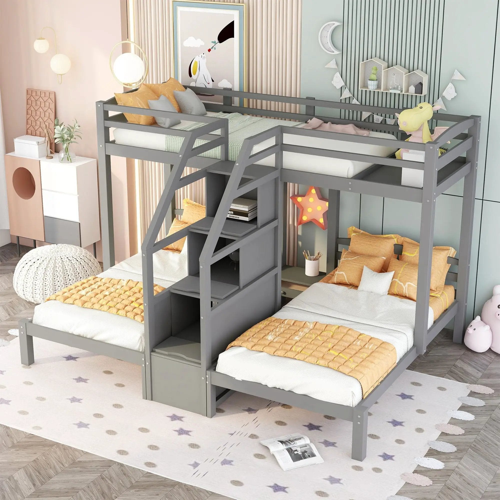 Twin Over Twin & Twin Bunk Bed With Built In Staircase And Storage Drawer - Gray by HouseOfZazla
