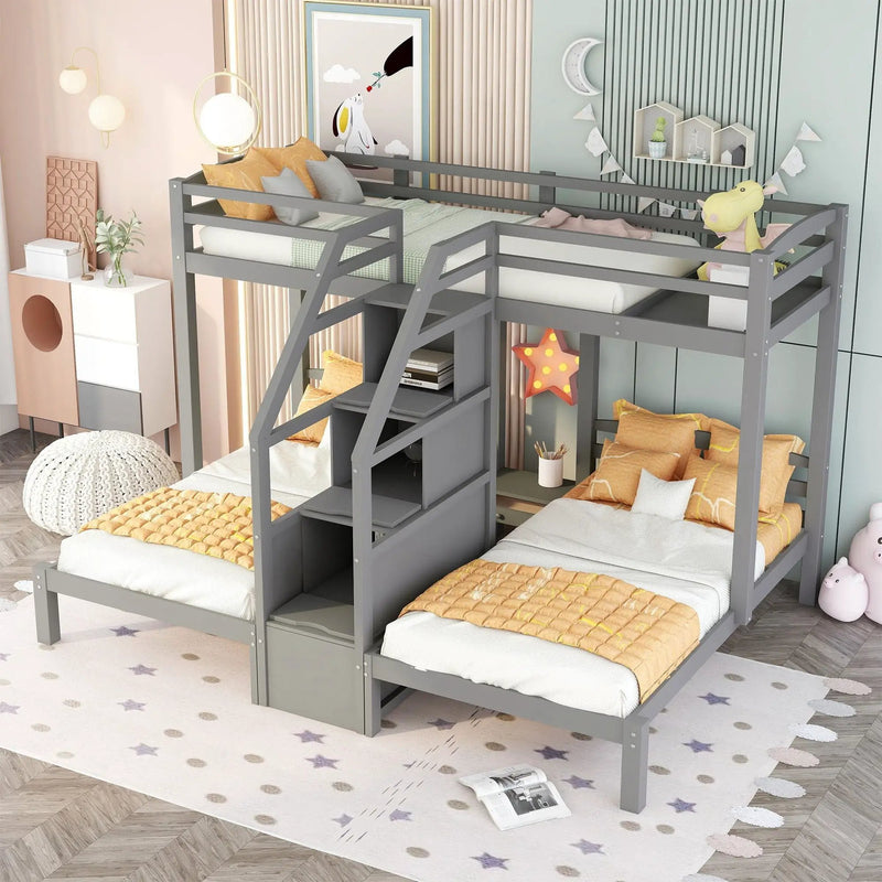 Twin Over Twin & Twin Bunk Bed With Built In Staircase And Storage Drawer - Gray by HouseOfZazla