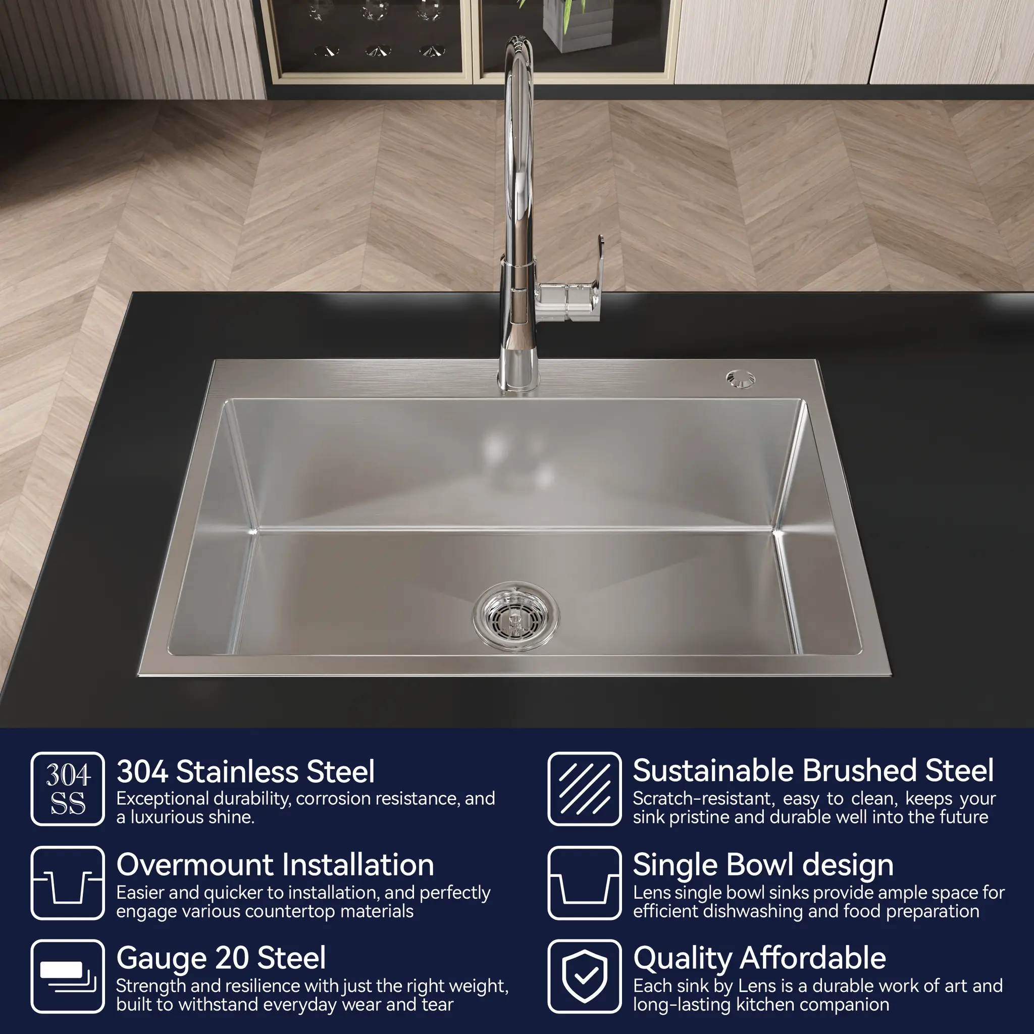 Stainless Steel Kitchen Sink, 30″x19″ Single Bowl, Overmount, Brushed Nickel by HouseOfZazla