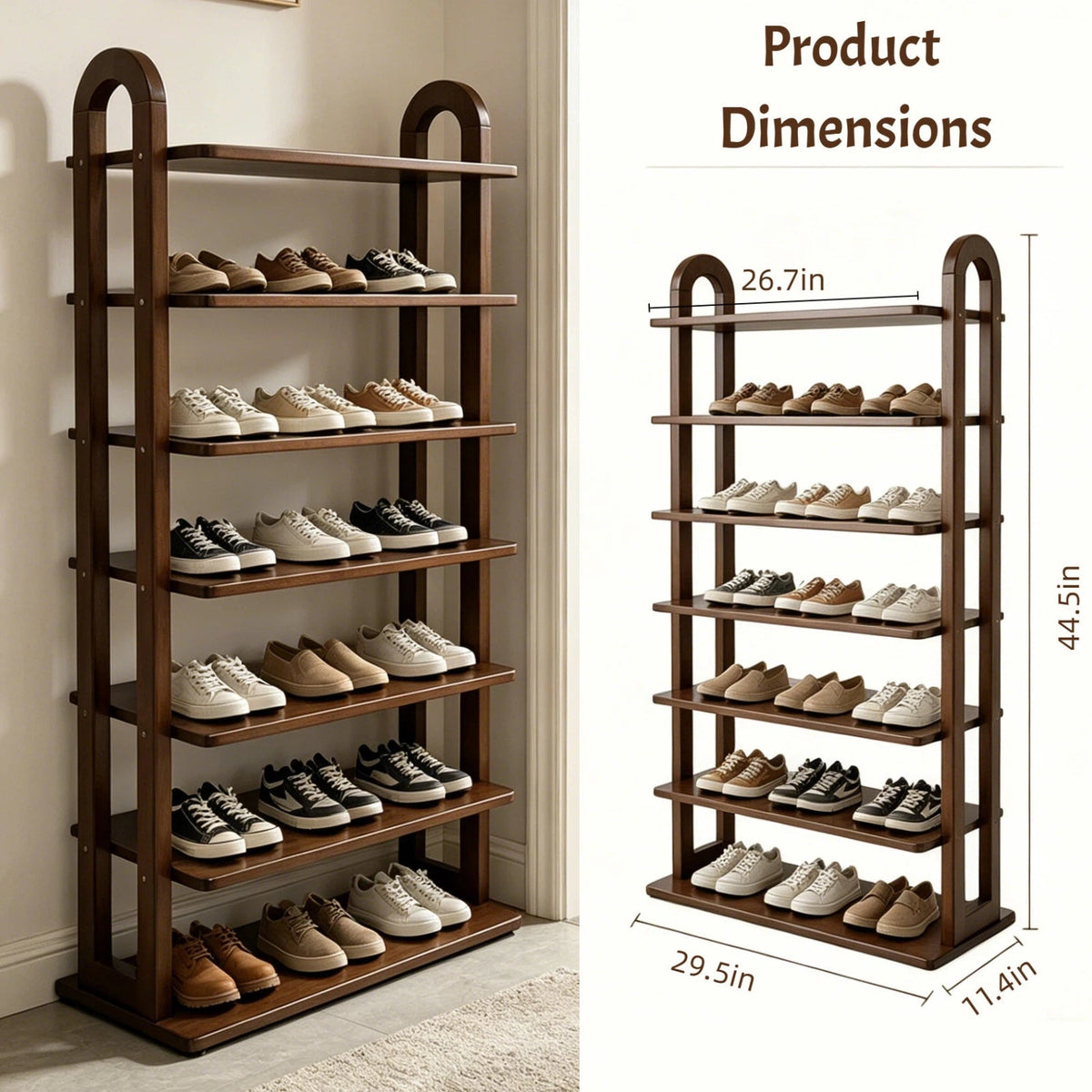 Solid Wood 7-Tier Shoe Rack with Vertical Organizer - Natural Wood, photo 2 of 7