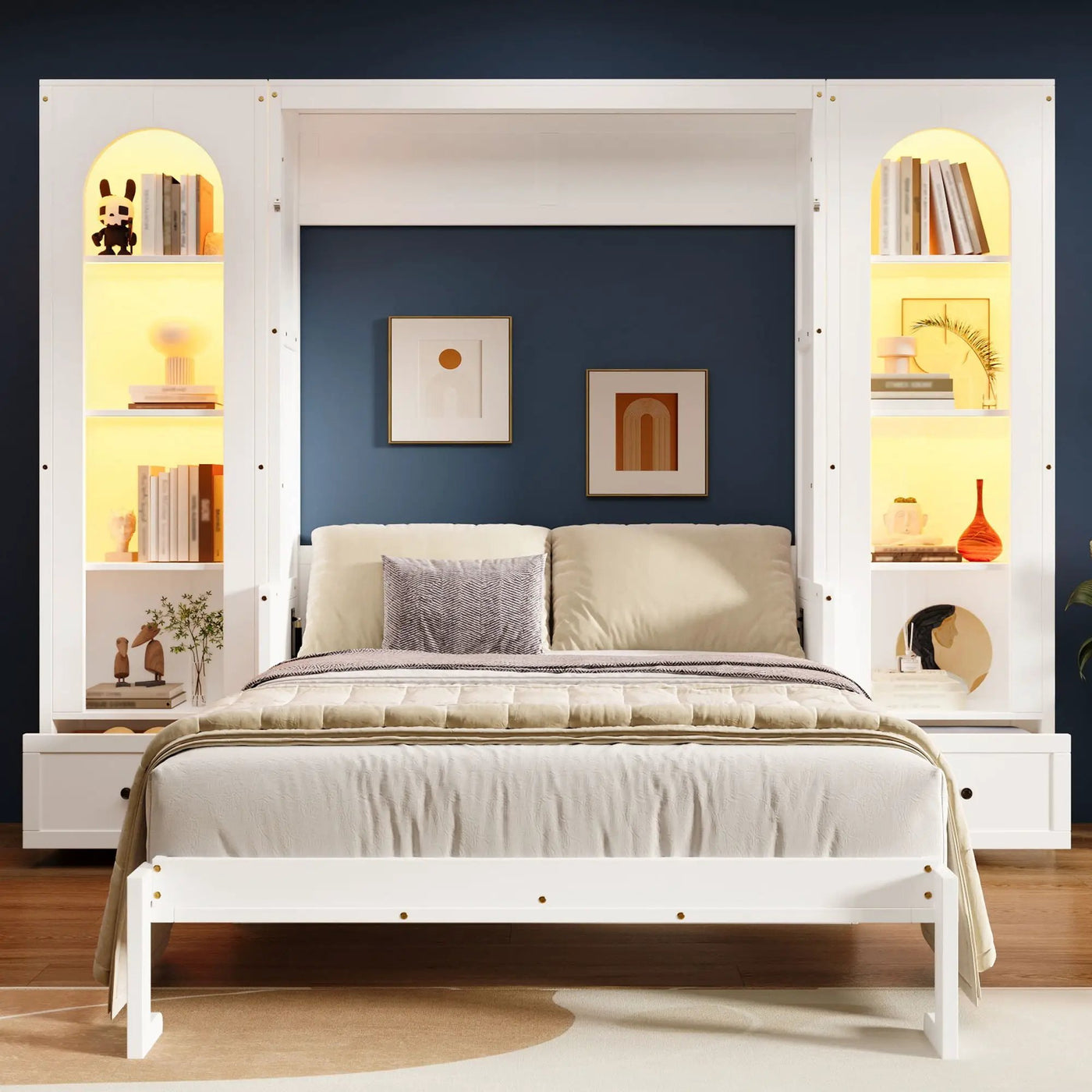 French Style Murphy Platform Bed With Shelf, Side Cabinets, Drawers And LED by Unique Piece Furniture