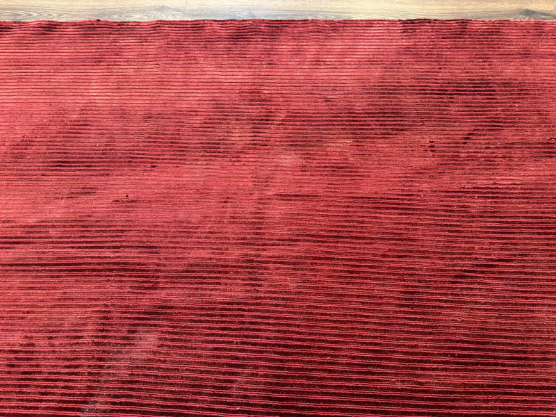Modern Tibetan Rug 8x10, Red, Stripes, Handmade Wool Thick Pile Carpet by Jewel Rugs