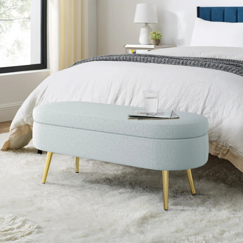 Ottoman Oval Storage Bench, Flannel with Metal Legs-Cyan by HouseOfZazla