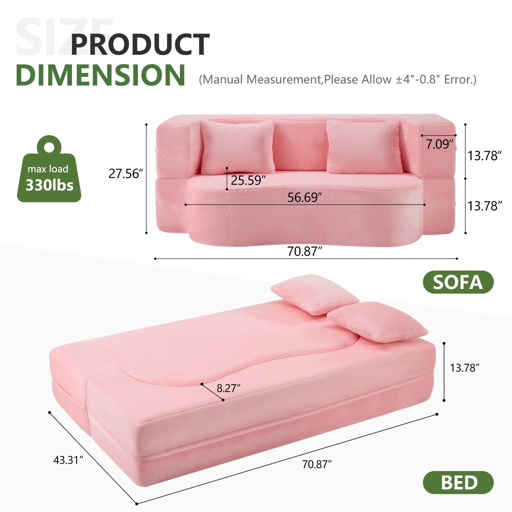 71-Inch Folding Sofa Bed in Pink Chenille with High-Density Foam by HouseOfZazla