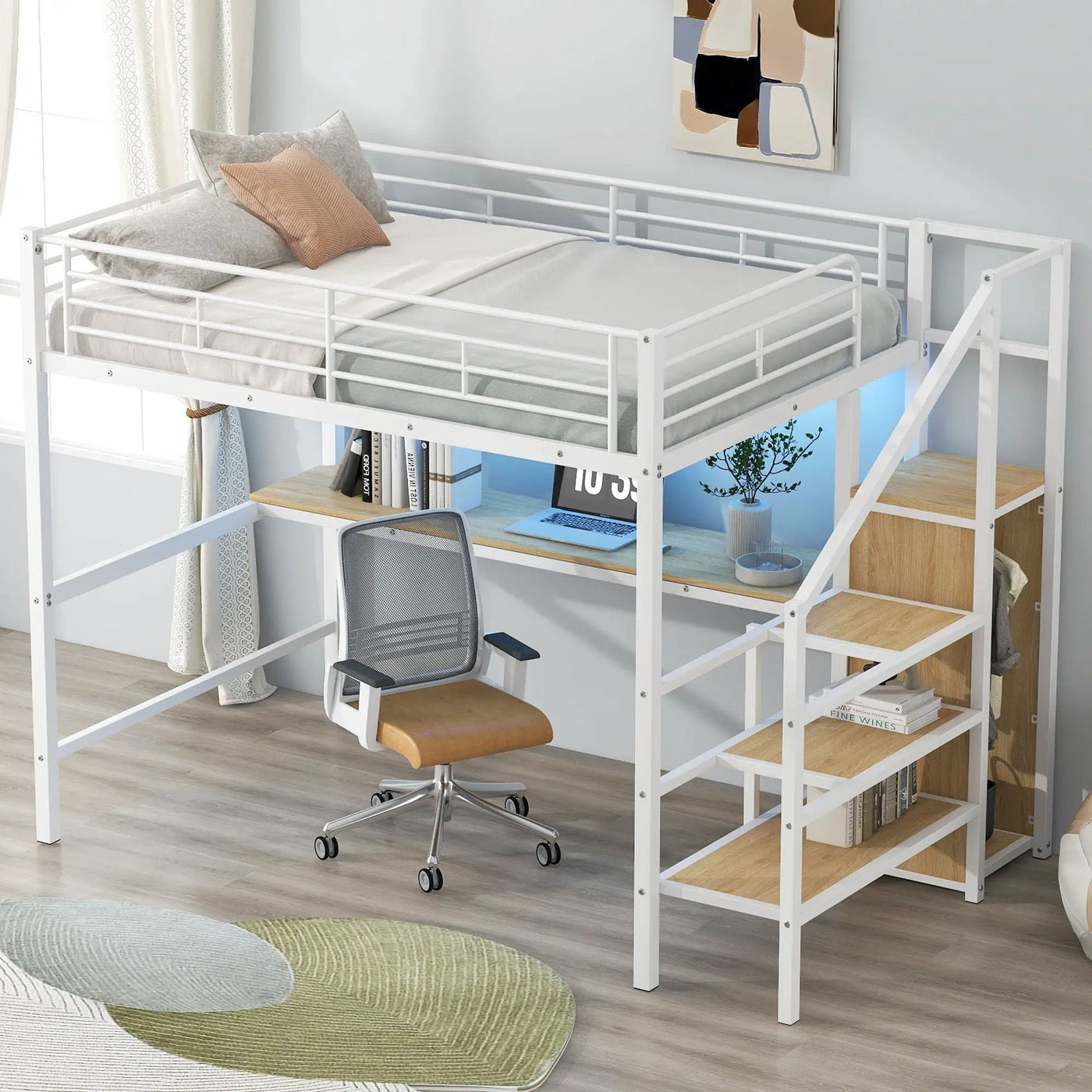 Loft Bed With Desk, Storage Staircase, Small Wardrobe And LED Light by HouseOfZazla