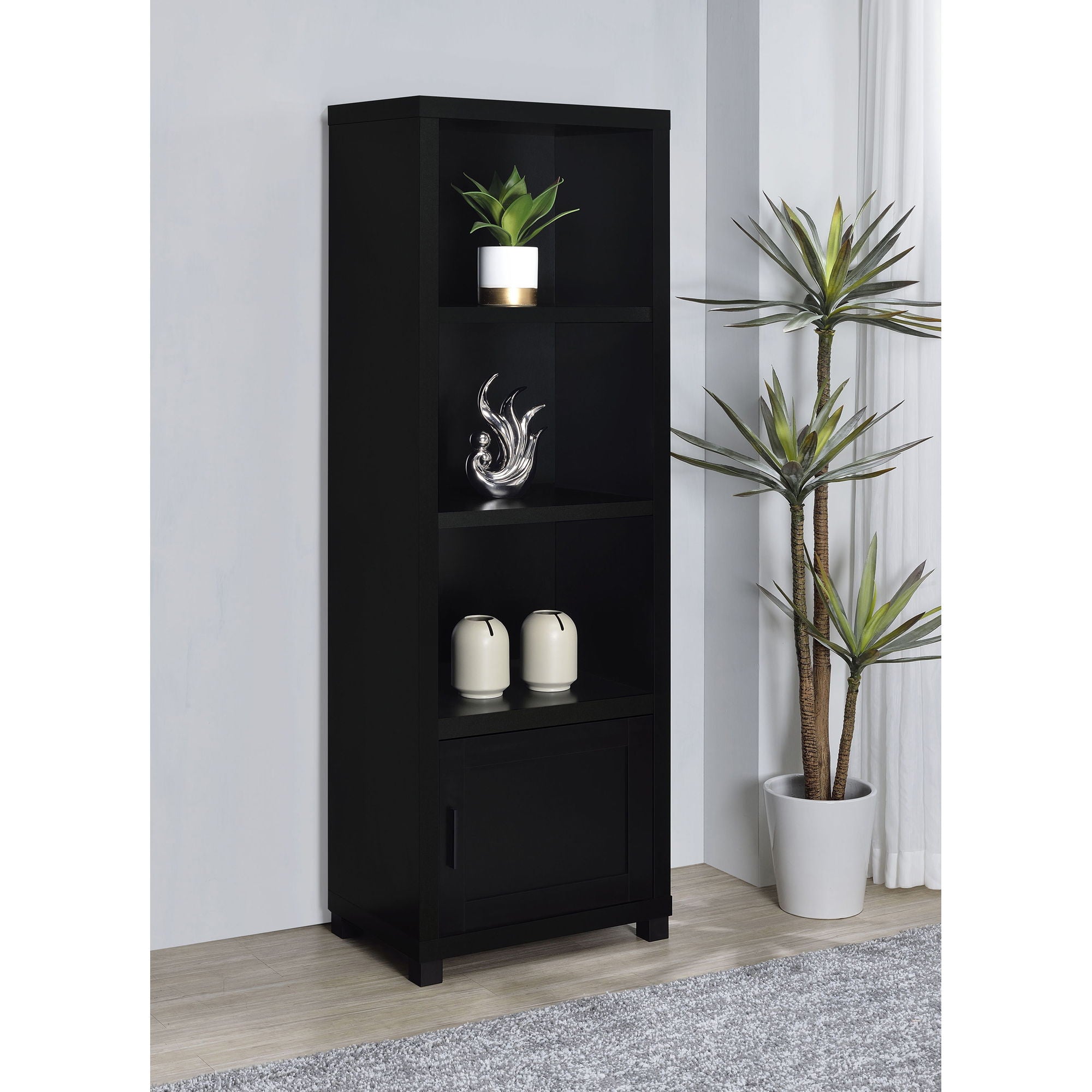 Sandl - 3 Shelf Media Tower With Cabinet Storage Solution - Black by HouseOfZazla