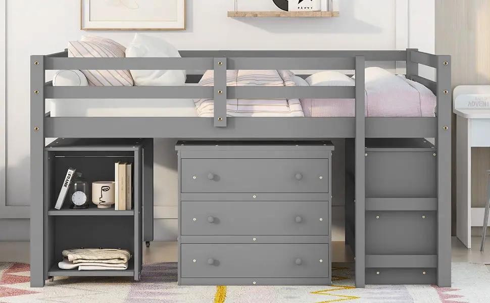 Loft Low Study Bed With Cabinet, Shelves And Rolling Portable Desk, Multiple Functions by Unique Piece Furniture