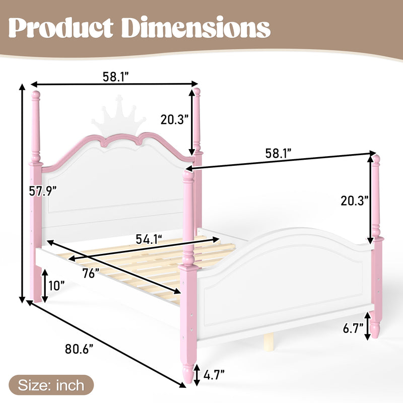 Full Size Crown Shaped Platform Bed, Four Poster Stylish Wooden Bed Frame, Elegant Curved Headboard Bed Frame For Bedroom,White&Pink, photo 4 of 10
