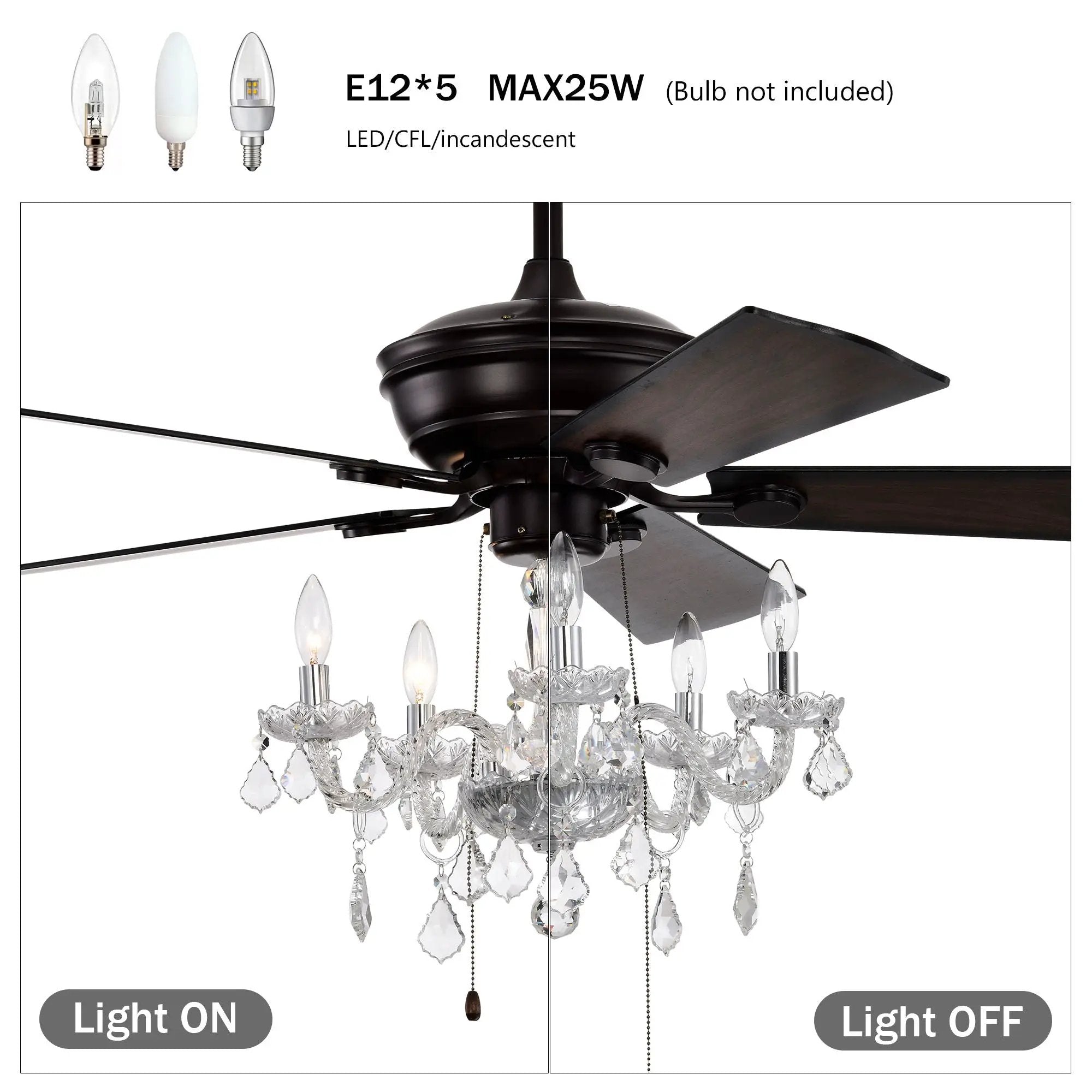 52" Crystal Shade Ceiling Fan Lamp, 3 Speed, 4 Timing, 5 Reversible Blades Crystal Ceiling Fan, 5 Pieces X E12 (No Include Bulb), Hand Pull Chain - Matte Black by HouseOfZazla