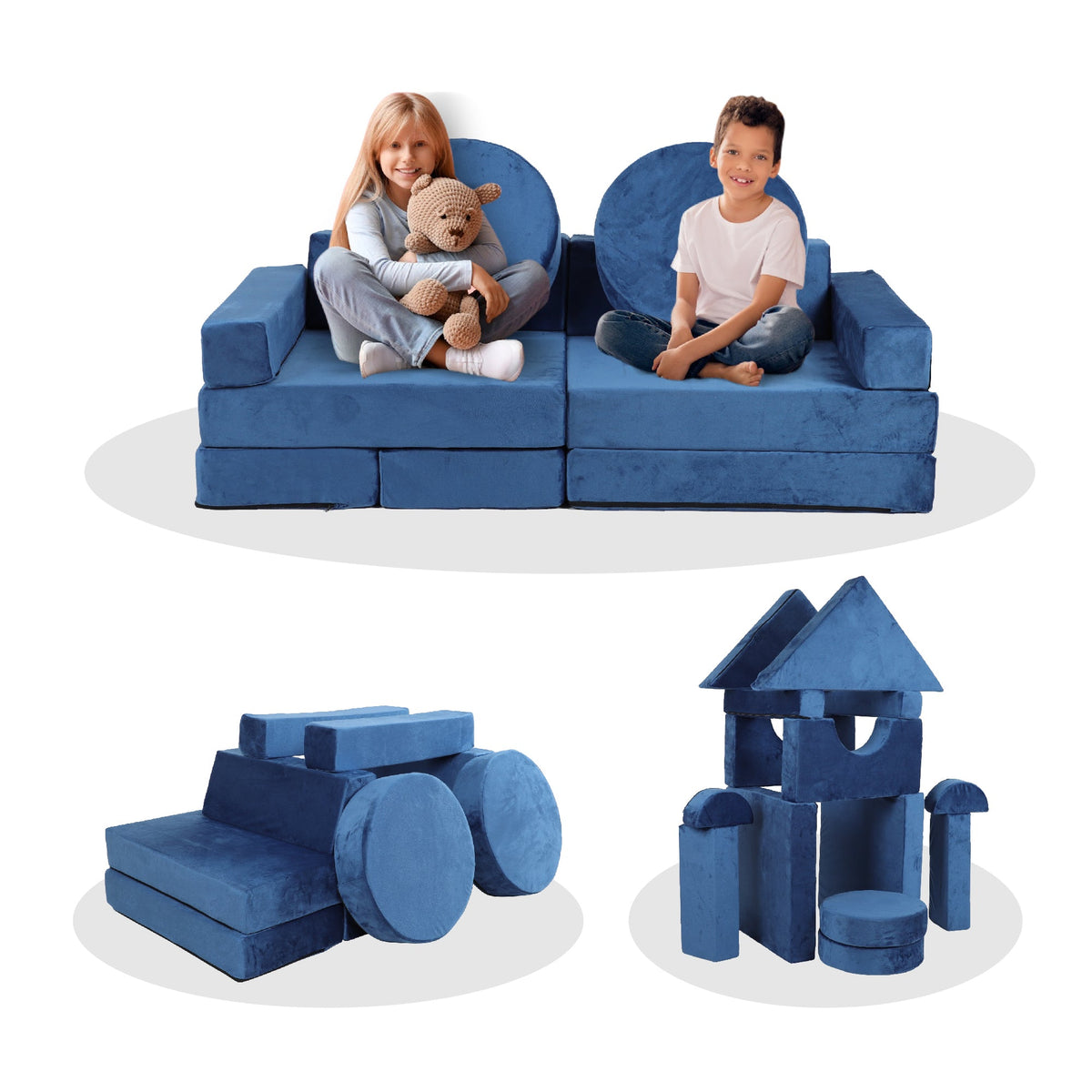 14pcs Kids Modular Play Couch with Soft Foam - Blue or Brown+Beige Gray,Grey