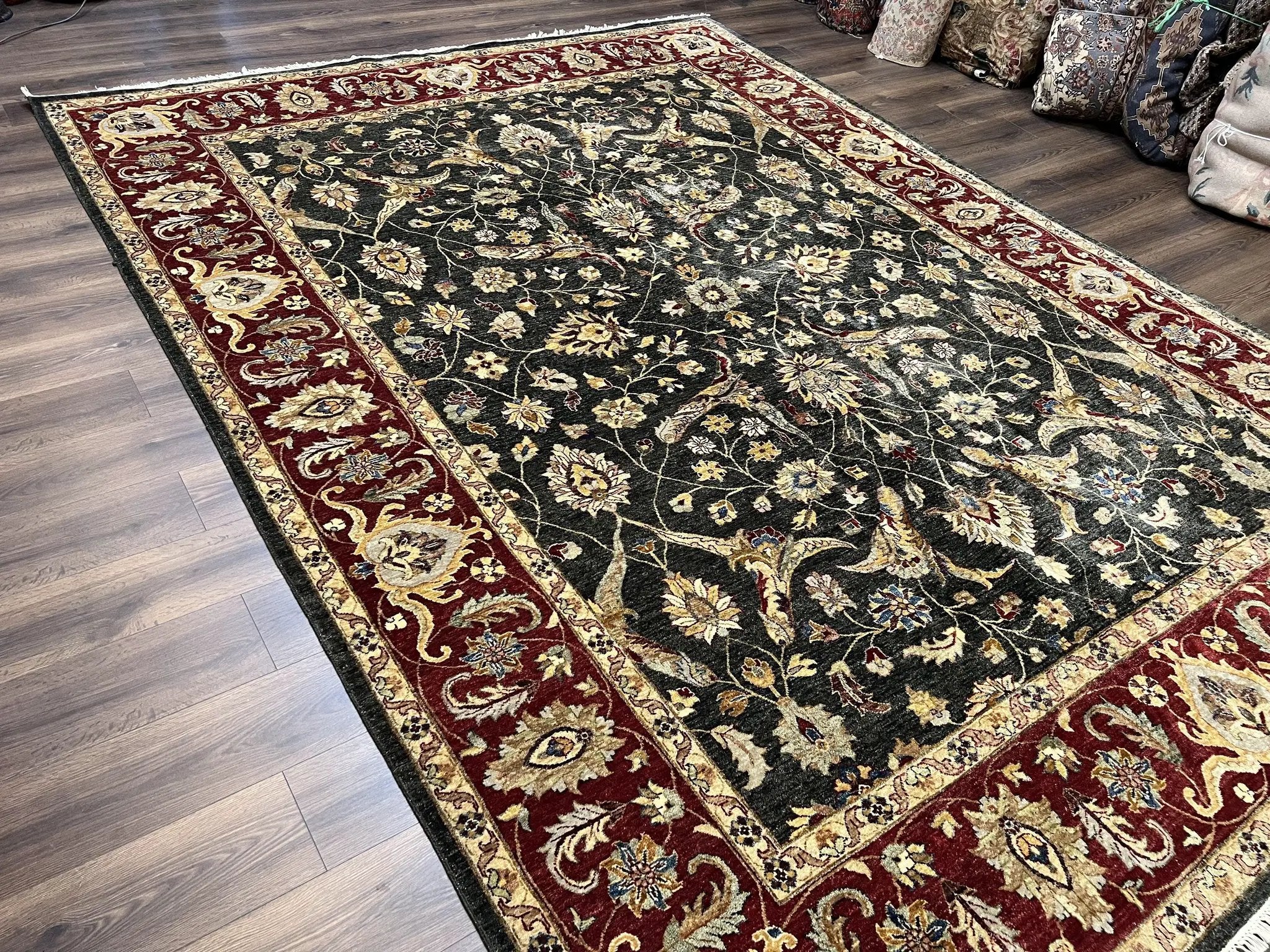 Pak Persian Mahal Rug 9x12, Allover Floral Pakistani Oriental Carpet 9 x 12, Wool Hand Knotted Area Rug, Dark Slate Gray-Black and Maroon by Jewel Rugs