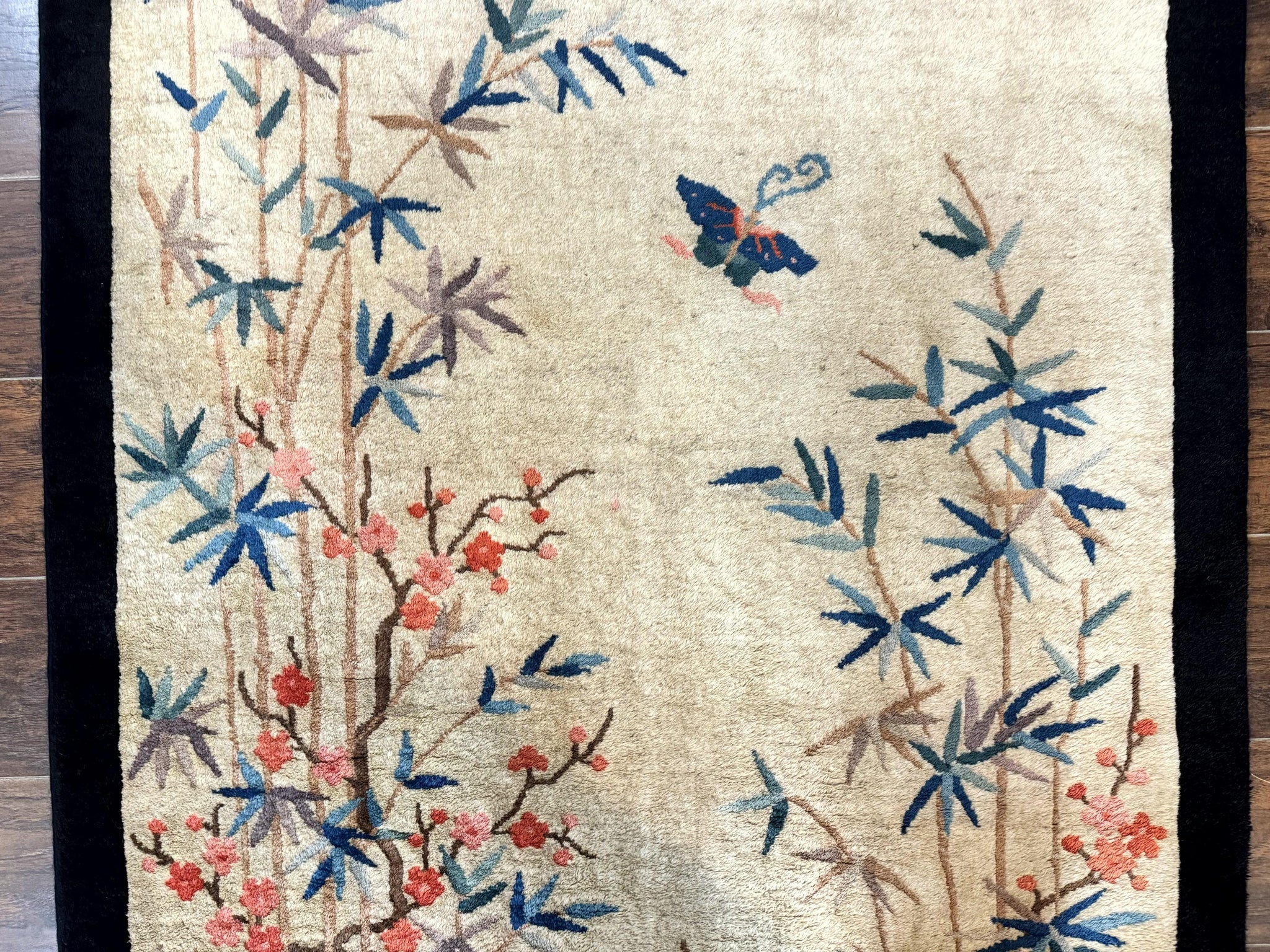 Antique Chinese Oval Rug 3.9 x 6.7, Floral, Butterflies, Chinese Wool Art Deco Peking Carpet, Beige, Handmade by Jewel Rugs