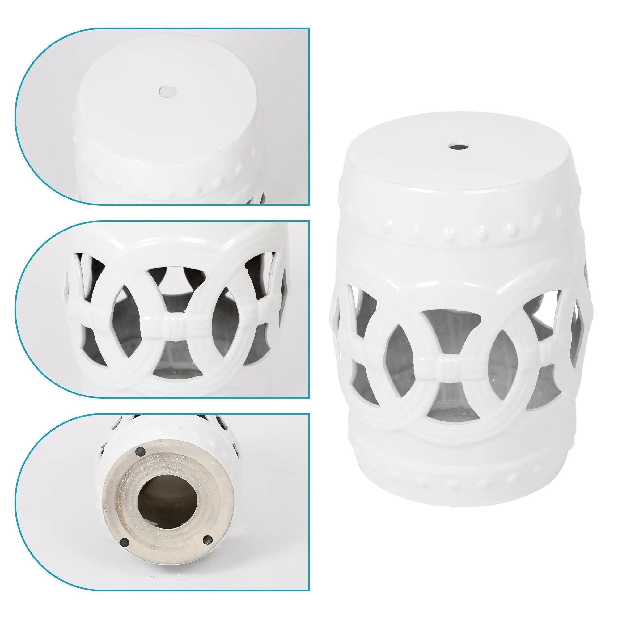 Elegant Glazed Ceramic Drum Stool Indoor / Outdoor Side Table Accent Garden Stool - White by HouseOfZazla