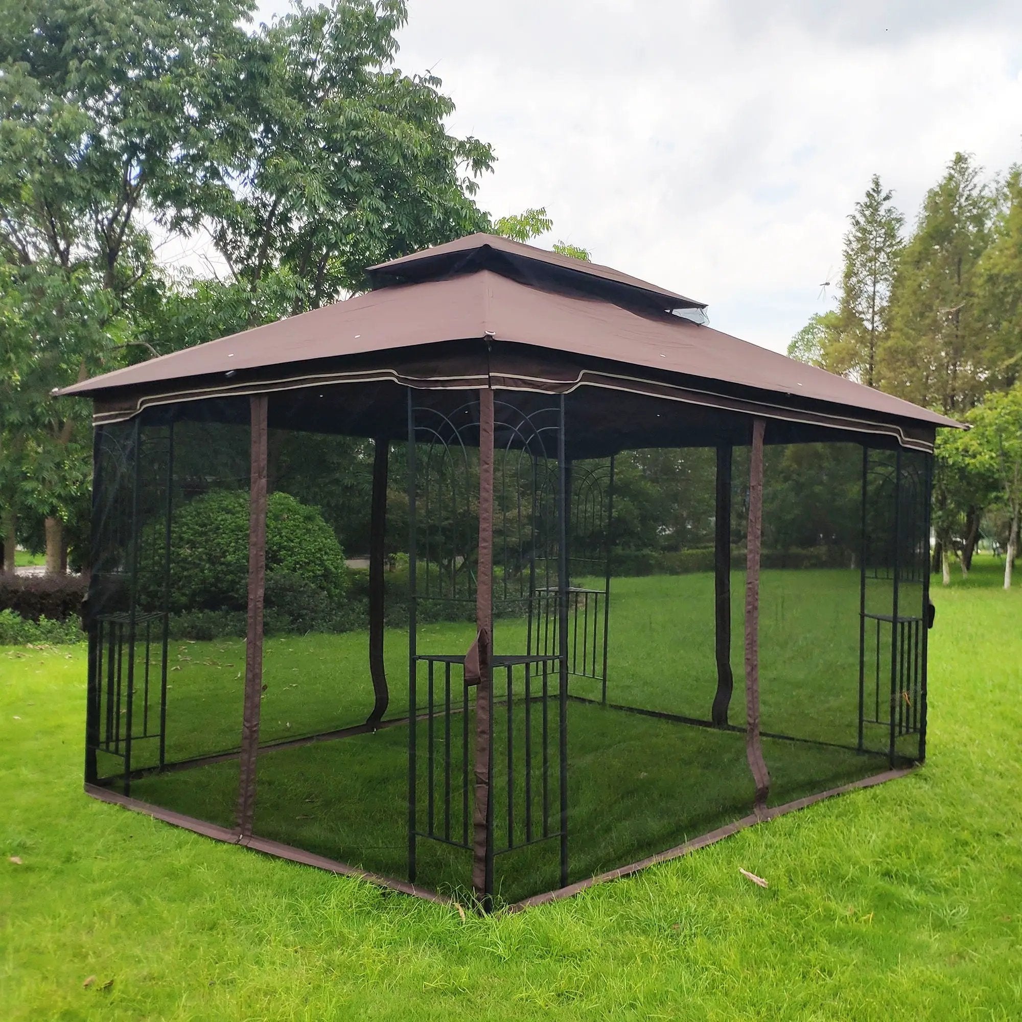 13 0 Outdoor Patio Gazebo Canopy Tent With Ventilated Double Roof And Mosquito Net (Detachable Mesh Screen On All Sides) Suitable For Lawn Garden Backyard And Deck Top - Brown by HouseOfZazla