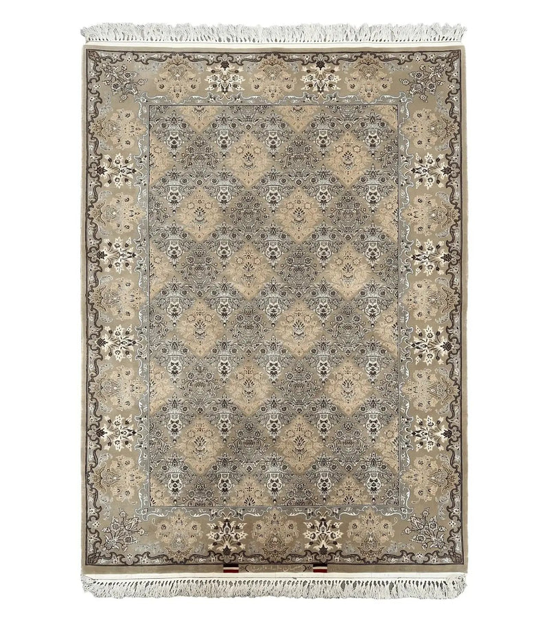 Super Fine Persian Isfahan Rug 3x5 ft, Kork Wool on Silk Foundation, Repeated Floral Motif, Taupe Tan Hand Knotted Oriental Carpet 3 x 5 ft, Signed by Jewel Rugs