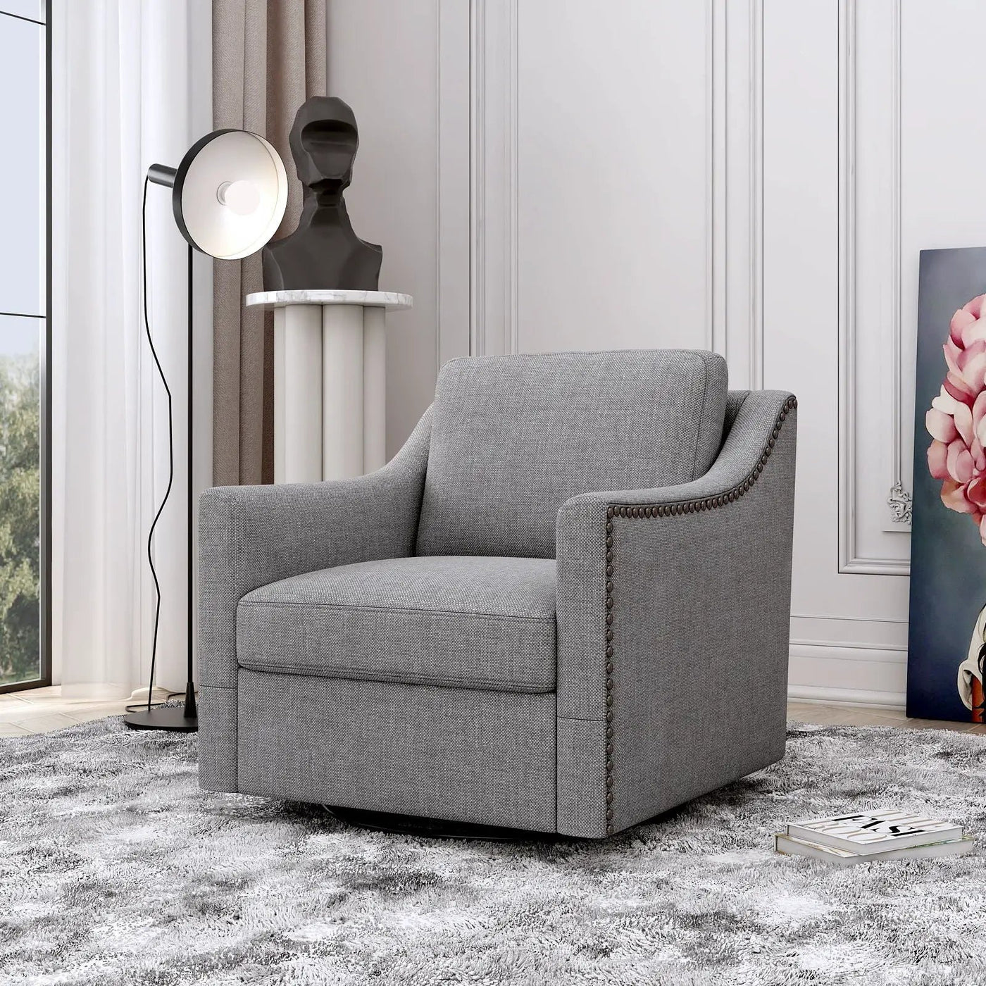 360 Degree Swivel Armchair, Skin Friendly Fabric, Ergonomic Design, Brass Nail Decorative Armchair by HouseOfZazla