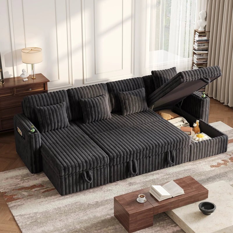 U Shaped Plush Corduroy Fluffy Sectional Sleeper Sofa by HouseOfZazla