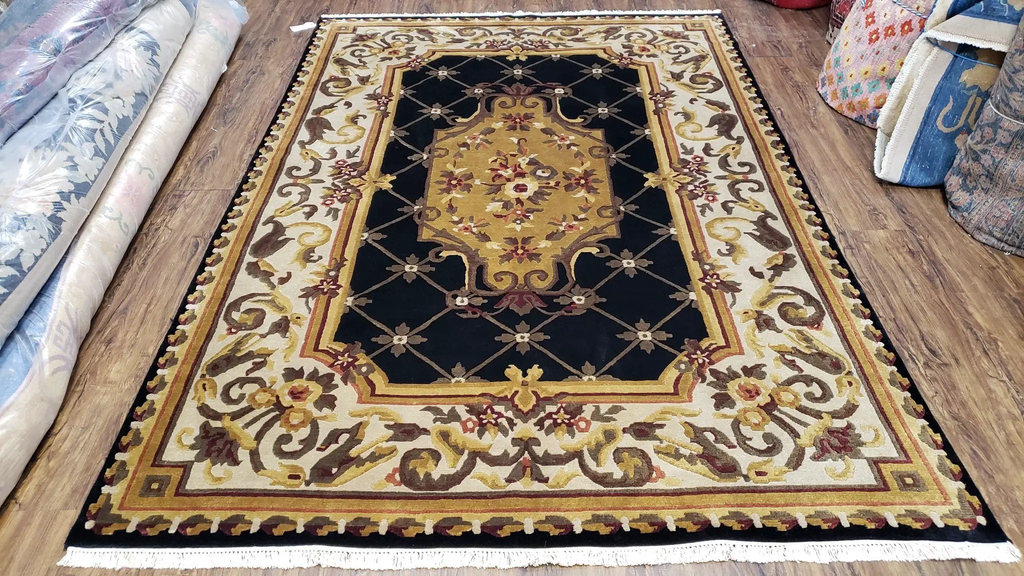 Nepal Rug 6x9, Nepalese Aubusson Area Rug 6 x 9, Hand-Knotted Wool Soft Pile Black & Beige Tibetan Aubusson New Carpet European Savonnerie by Jewel Rugs