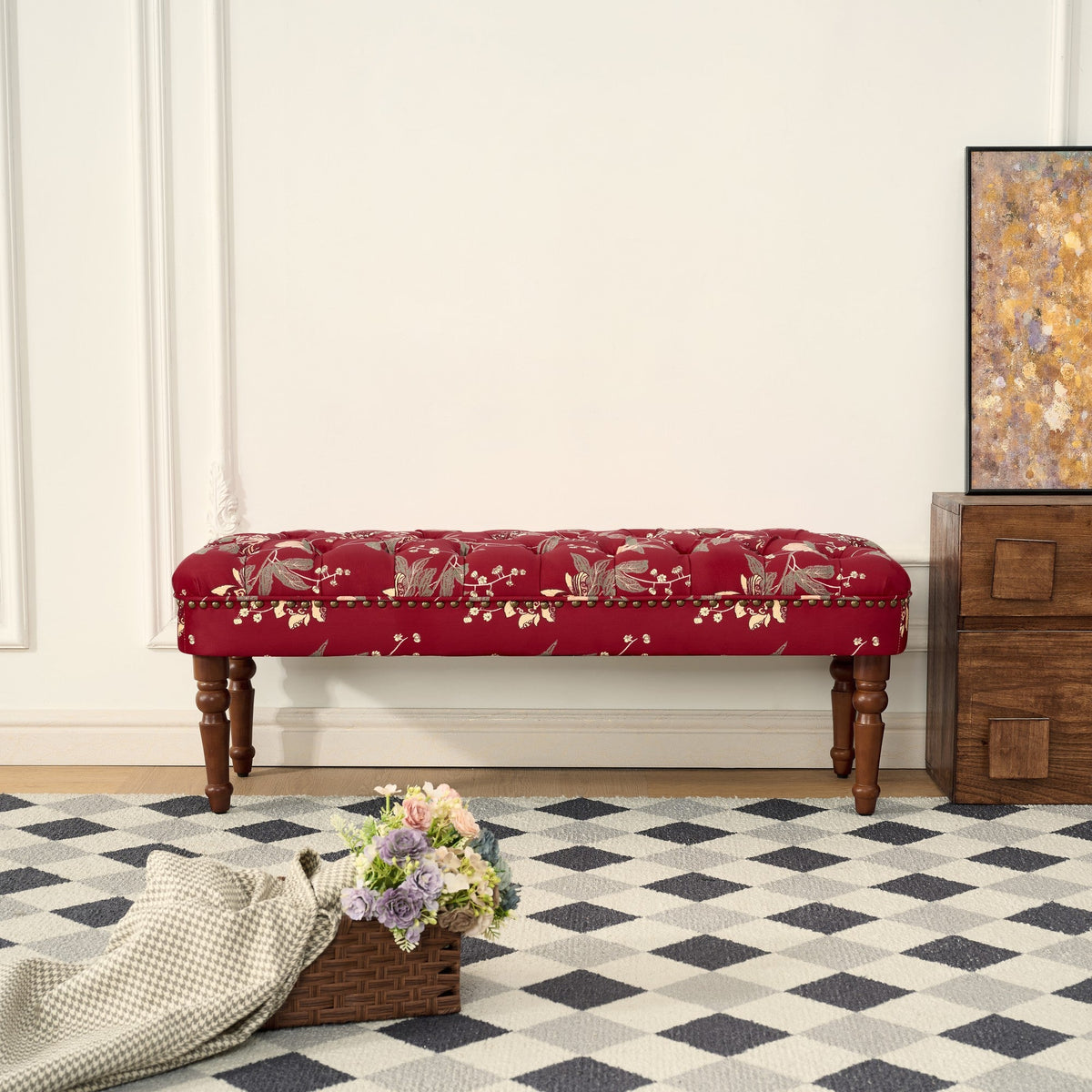 European Style Tufted Floral Bench with Turned Wood Legs - Wine Red, Green, Tiffany Blue