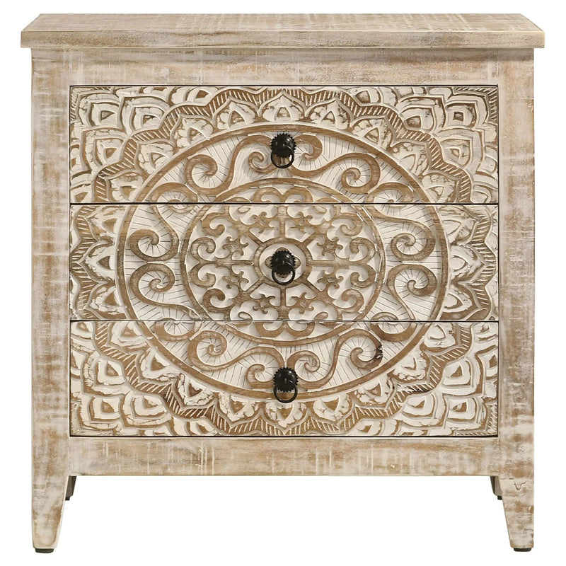 Mariska 3-drawer Wood Mandala Cabinet Distressed White by Unique Piece Furniture
