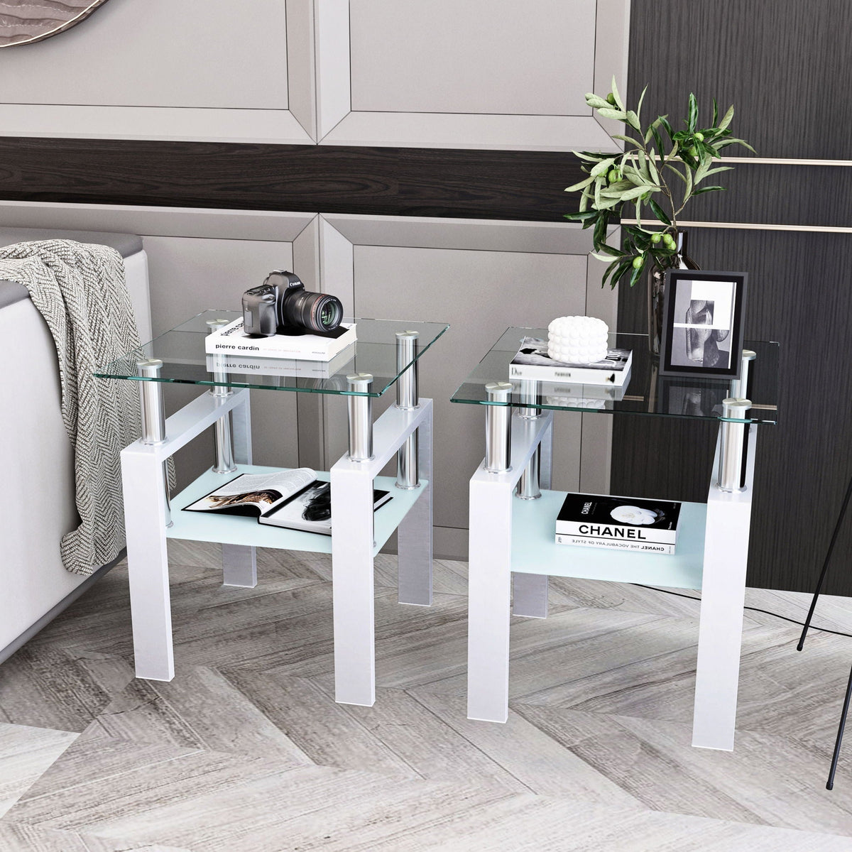 Modern Tempered Glass End Table with Metal Frame - Black or White, photo 12 of 16