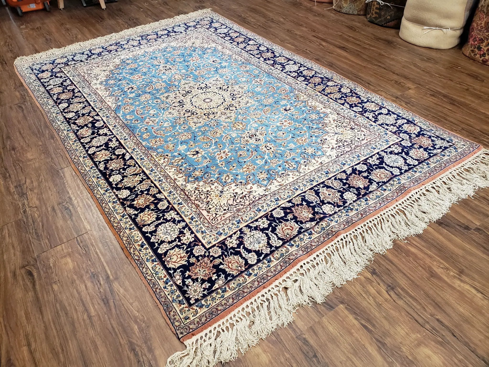 Persian Isfahan Rug, Kork Wool on Silk Foundation, Sky Blue, Hand-Knotted, 5' 1" x 7' 8" by Jewel Rugs