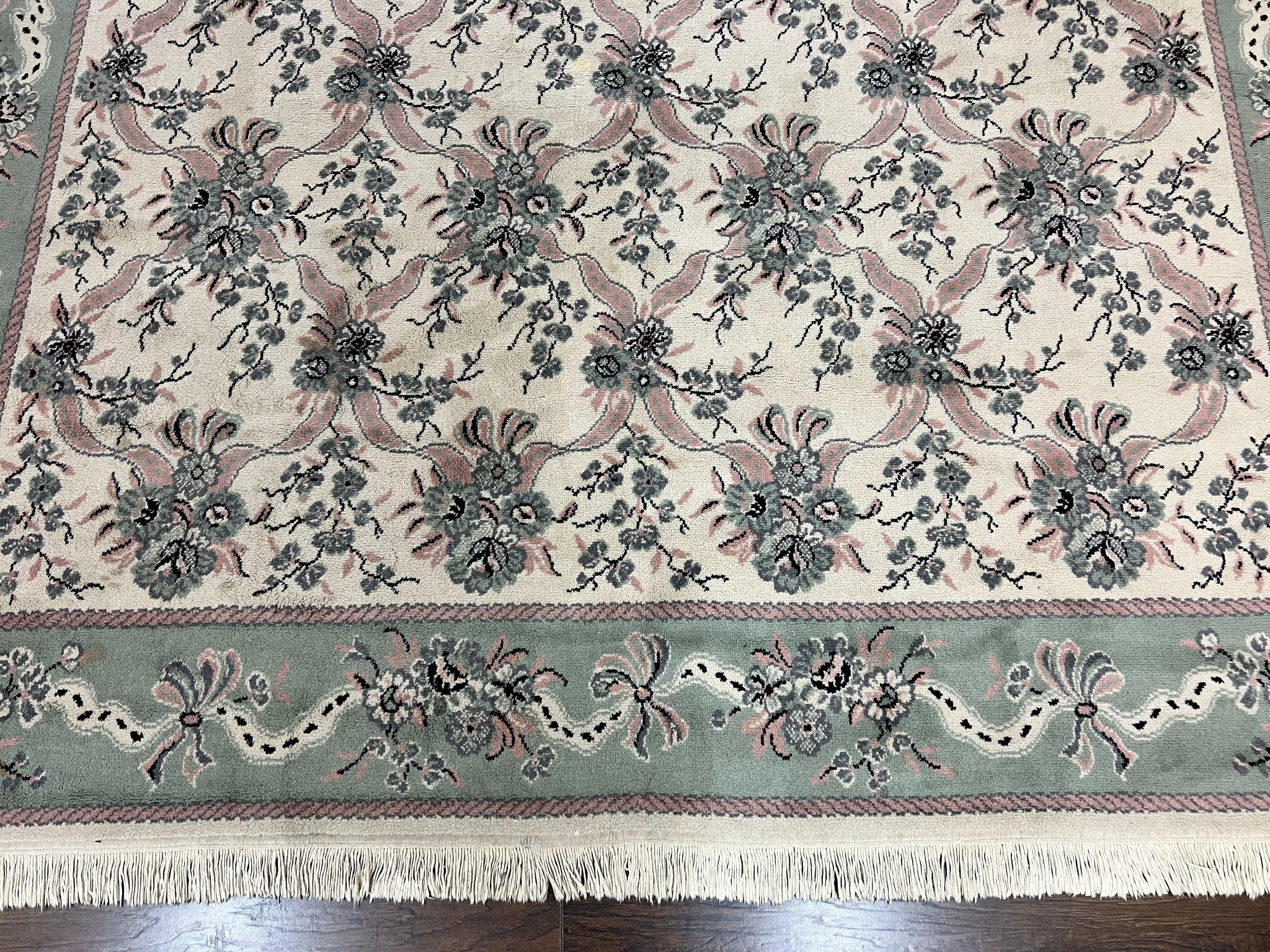 Belgium Power Loomed Rug 8x11, Ivory and Green, Wool Carpet, Floral by Jewel Rugs