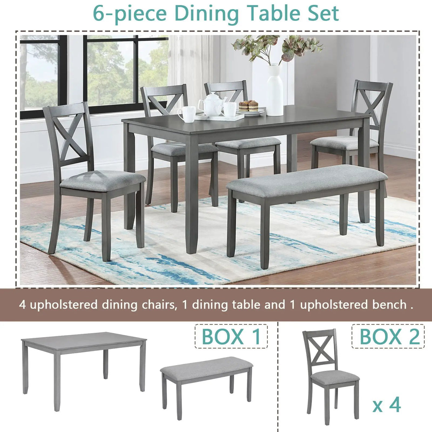 6 Pieces Kitchen Dining Set, Rectangular Wooden Dining Table With 4 Chairs And A Bench by HouseOfZazla