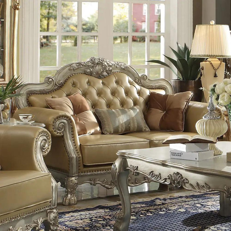 Dresden - Loveseat With 3 Pillows - Bone Synthetic Leather & Gold Patina by Unique Piece Furniture