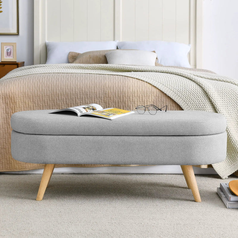 Ottoman Oval Storage Bench With Rubber Wood Legs Linen - Gray by HouseOfZazla