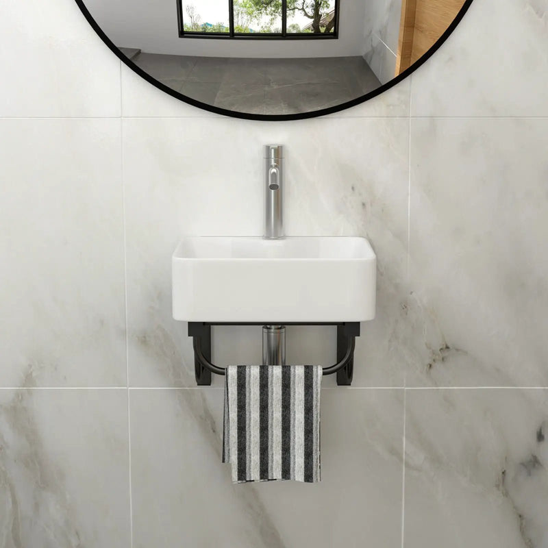 Rectangular Bathroom Sink With Towel Bar & Faucet Hole, Wall Mounted - White by Unique Piece Furniture