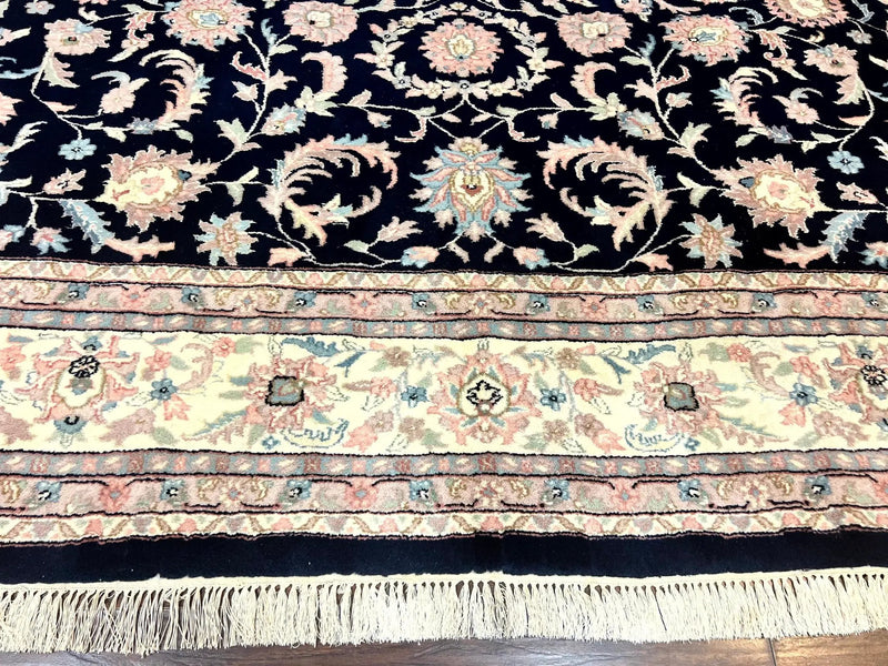 Indo Persian Rug 9x12, Navy Blue and Ivory/Cream, Floral Allover, Wool Vintage Handmade Carpet by Jewel Rugs