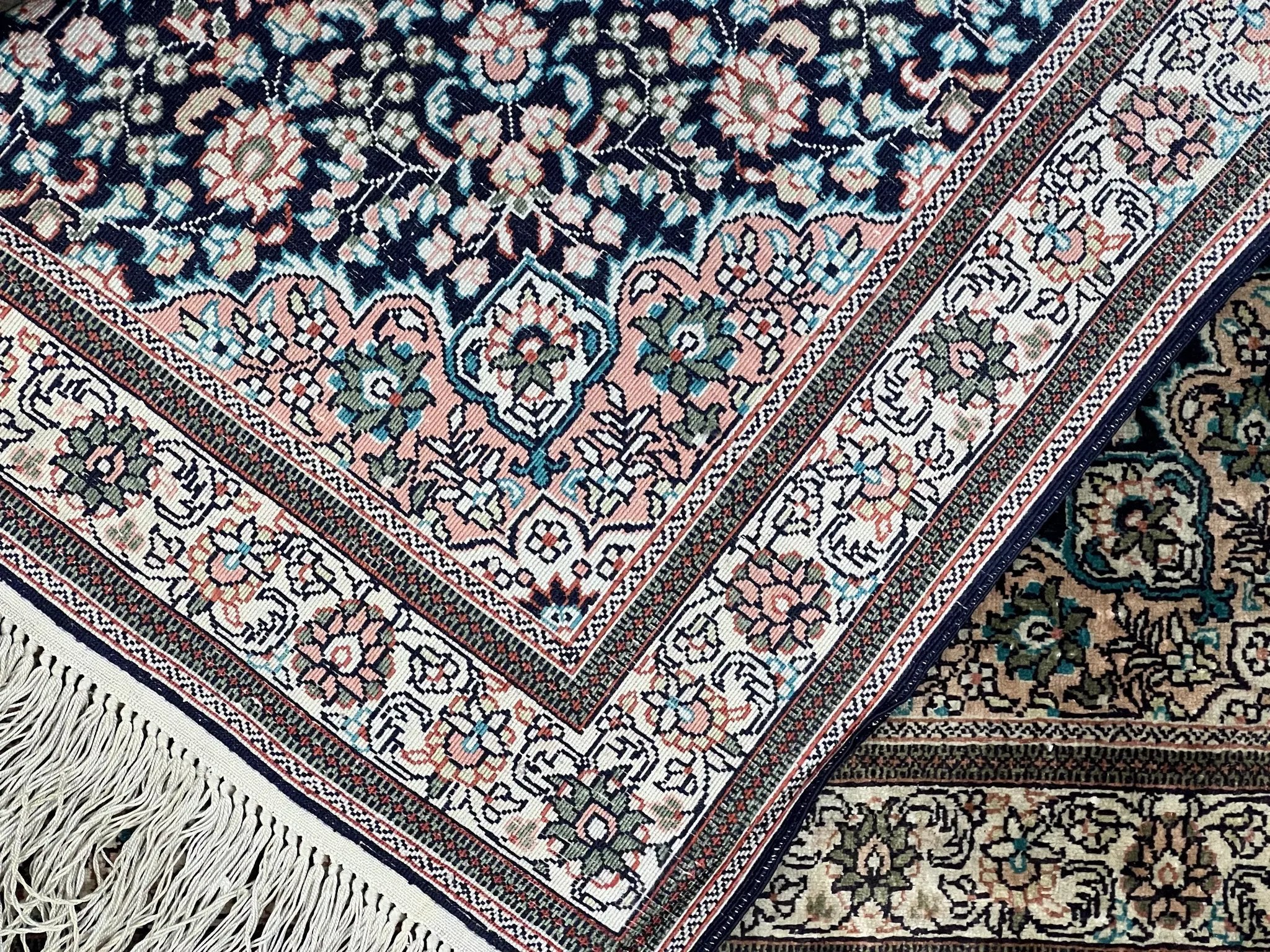 Sino Persian Silk Rug 2x2 ft, Very Fine High KPSI Small Silk Oriental Carpet, Hand-Knotted, Medallion, Vintage Silk Rug, Black Ivory/Cream by Jewel Rugs