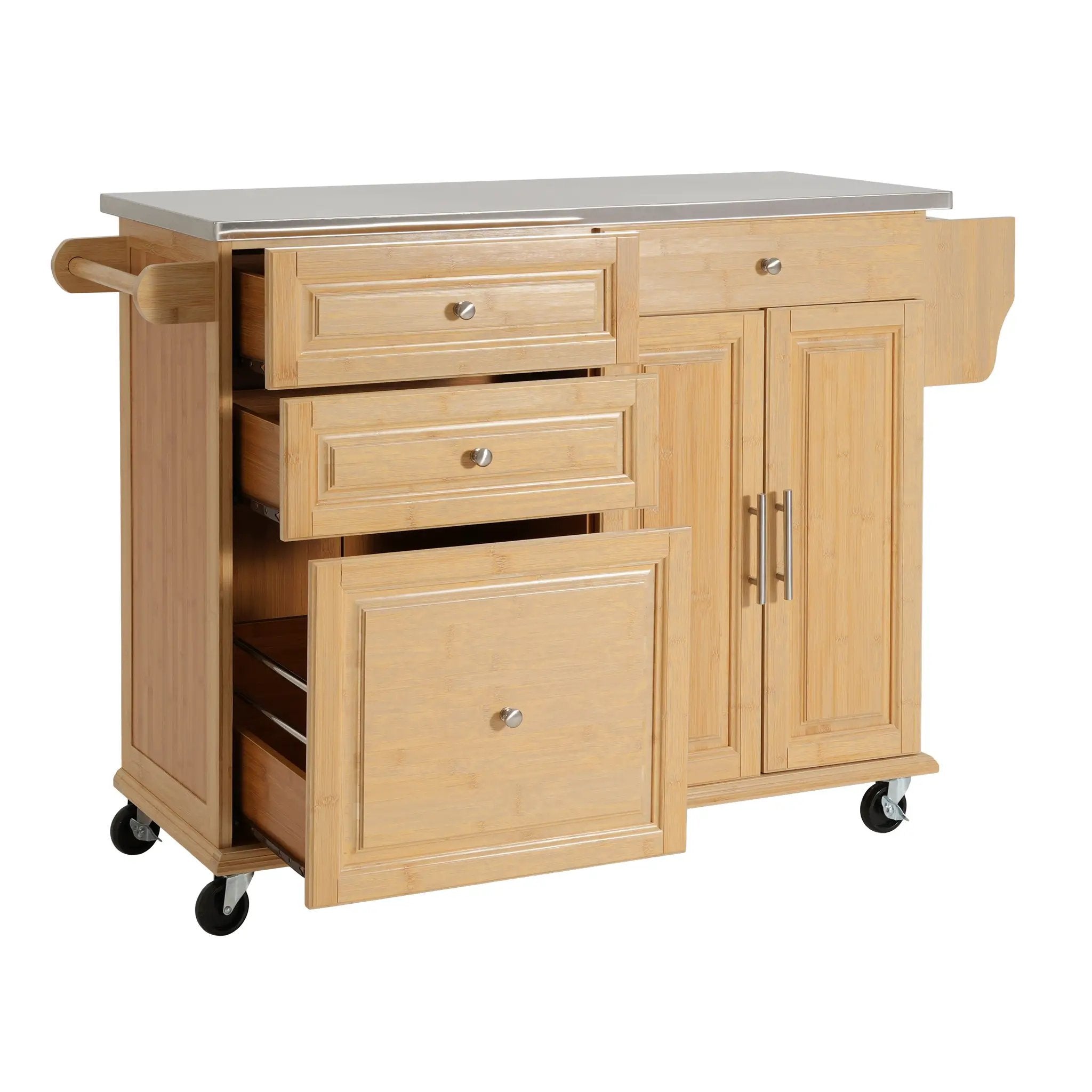 Indoor Bamboo Rolling Kitchen Island with Stainless Steel Top by HouseOfZazla