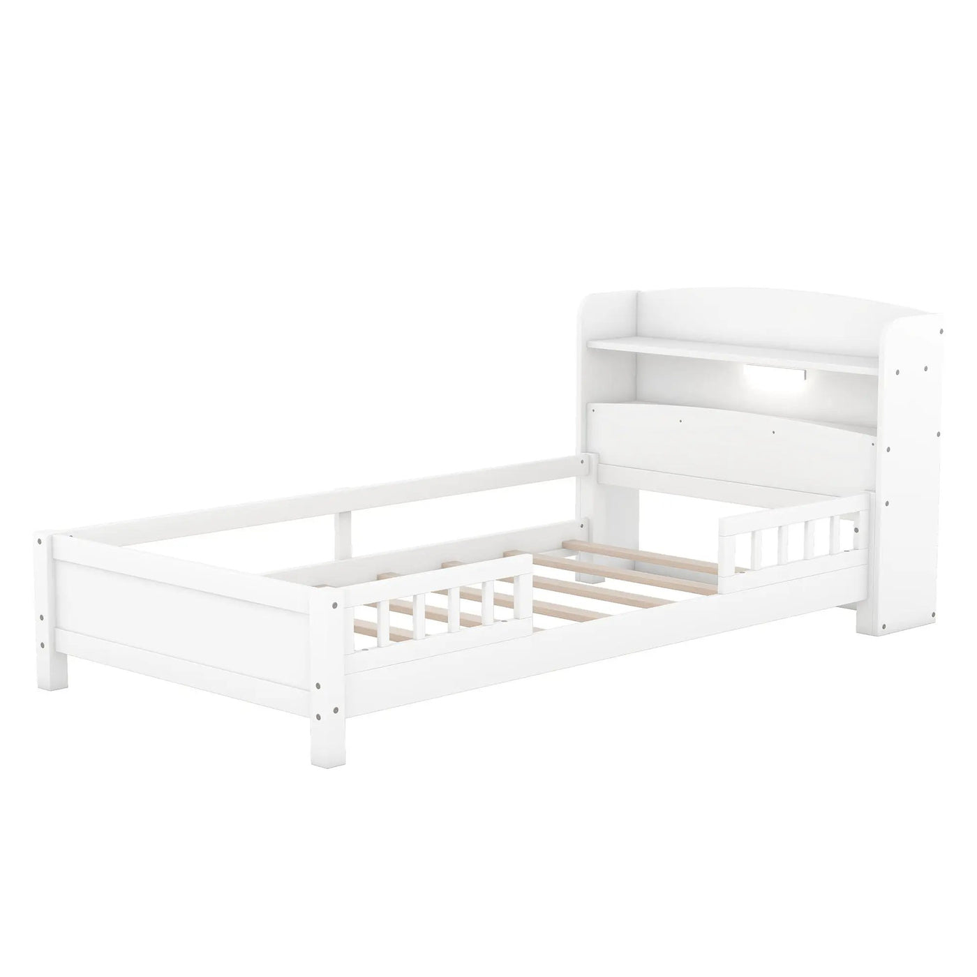 Wood Platform Bed With Built In LED Light, Storage Headboard And Guardrail by HouseOfZazla