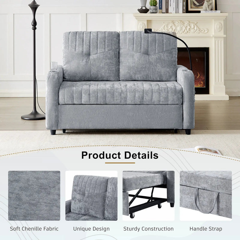 Modern Loveseat Pull Out Sofa Bed With Adjustable Backrest, Two Cup Holders, A Phone Holder, Three Charging Ports And Side Storage Pockets For Living Room by HouseOfZazla
