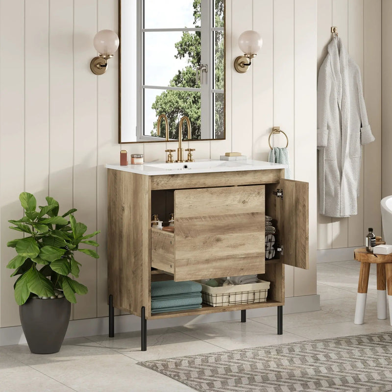 Bathroom Vanity Cabinet With Sink, Sliding Drawer, Soft Closing Door, Open Shelf - Natural Wood by Unique Piece Furniture