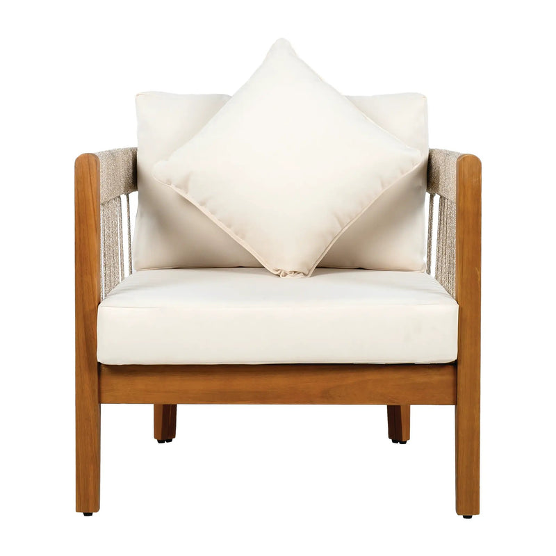 Acacia Wood Outdoor Club Chair with Handwoven Rope Accents & Curved Backrest by HouseOfZazla