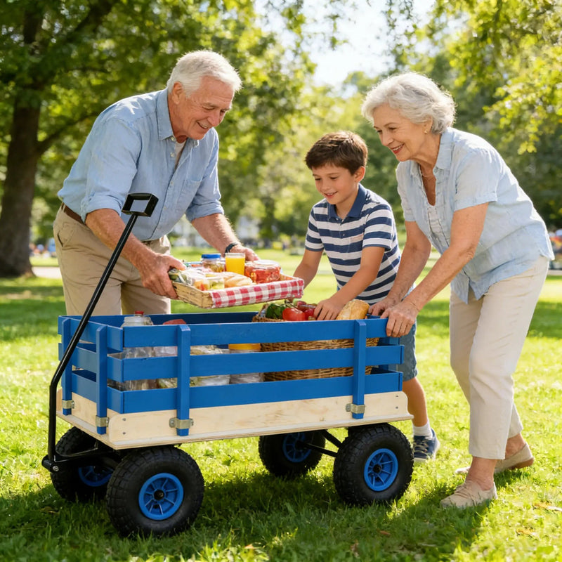 Blue Wooden Kids Pull Wagon with Removable Side Rails & All Terrain Wheels by HouseOfZazla