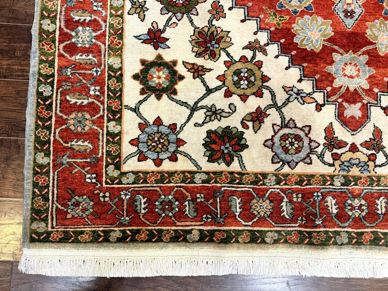 Indo Persian Heriz Rug 7x9, Geometric Pattern, Cream & Light Red, Handmade Vintage Wool Carpet by Jewel Rugs
