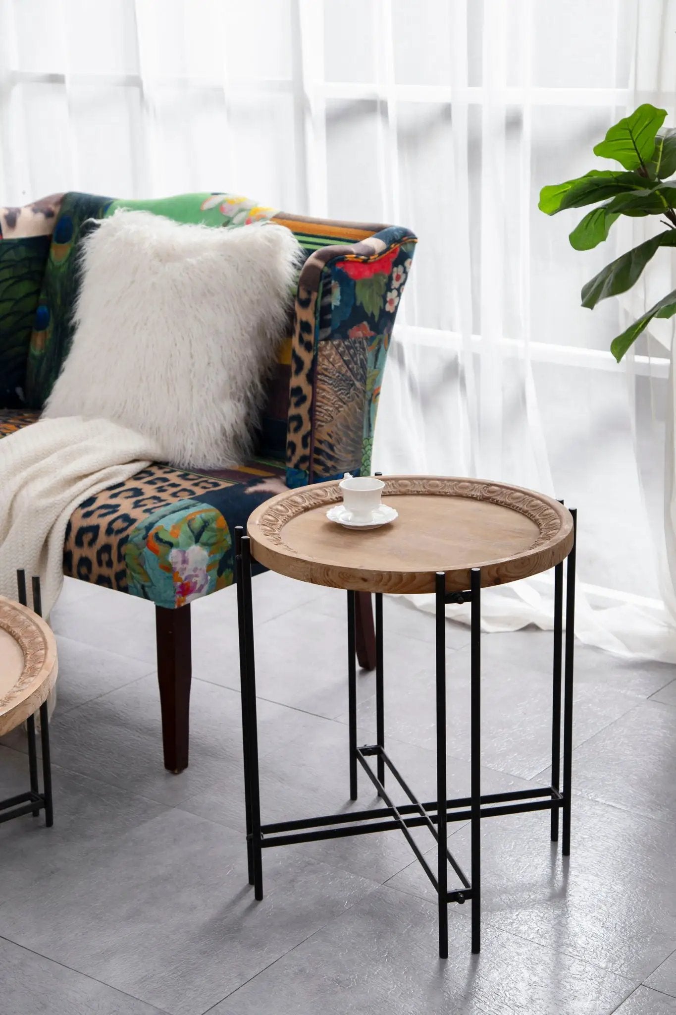 Round Side Table With Wood Top, End Table For Living Room Bedroom - Black Brown by HouseOfZazla