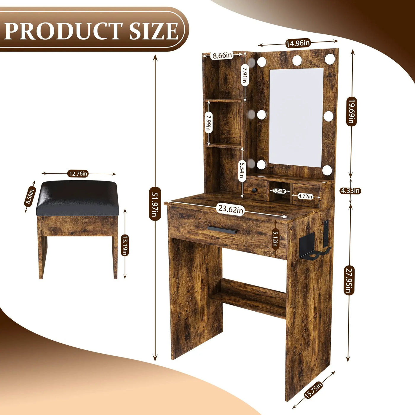 Vanity Table With Mirror, Adjustable LED Lights, Power Outlet, Hairdryer Holder & Stool by HouseOfZazla