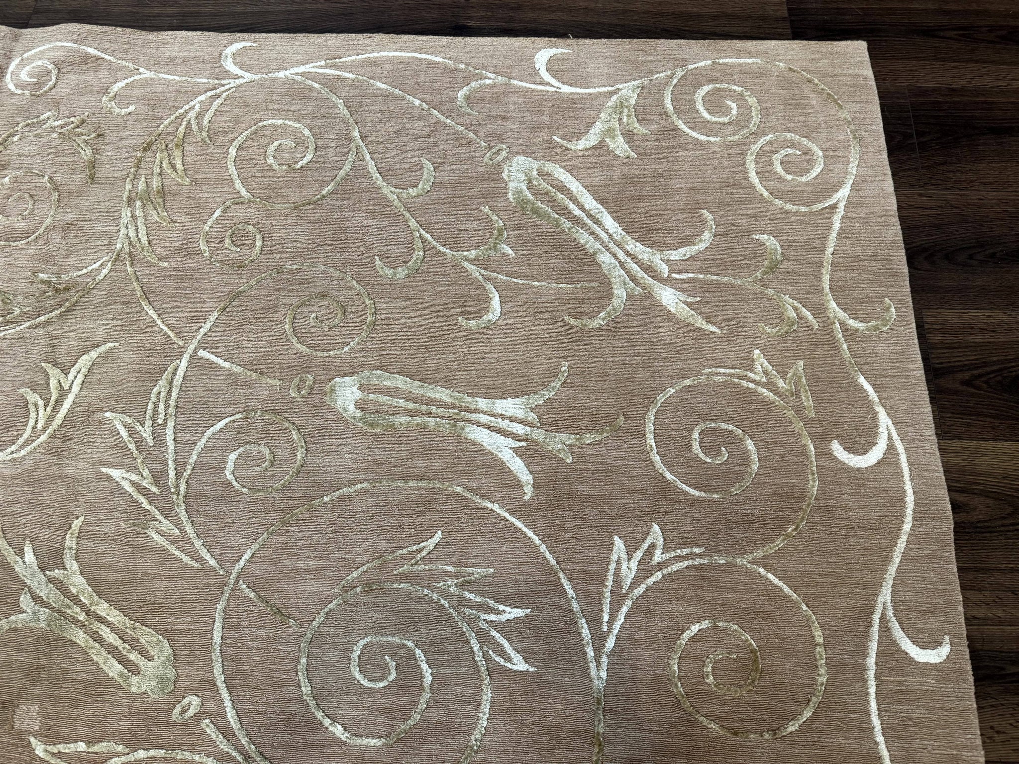Tibetan Rug 9x12 Wool and Silk Beige Modern Handmade Carpet by Jewel Rugs