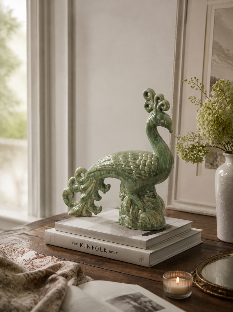 Ceramic Peacock Sculpture with Lustrous Glaze - 14 Inch, photo 8 of 8