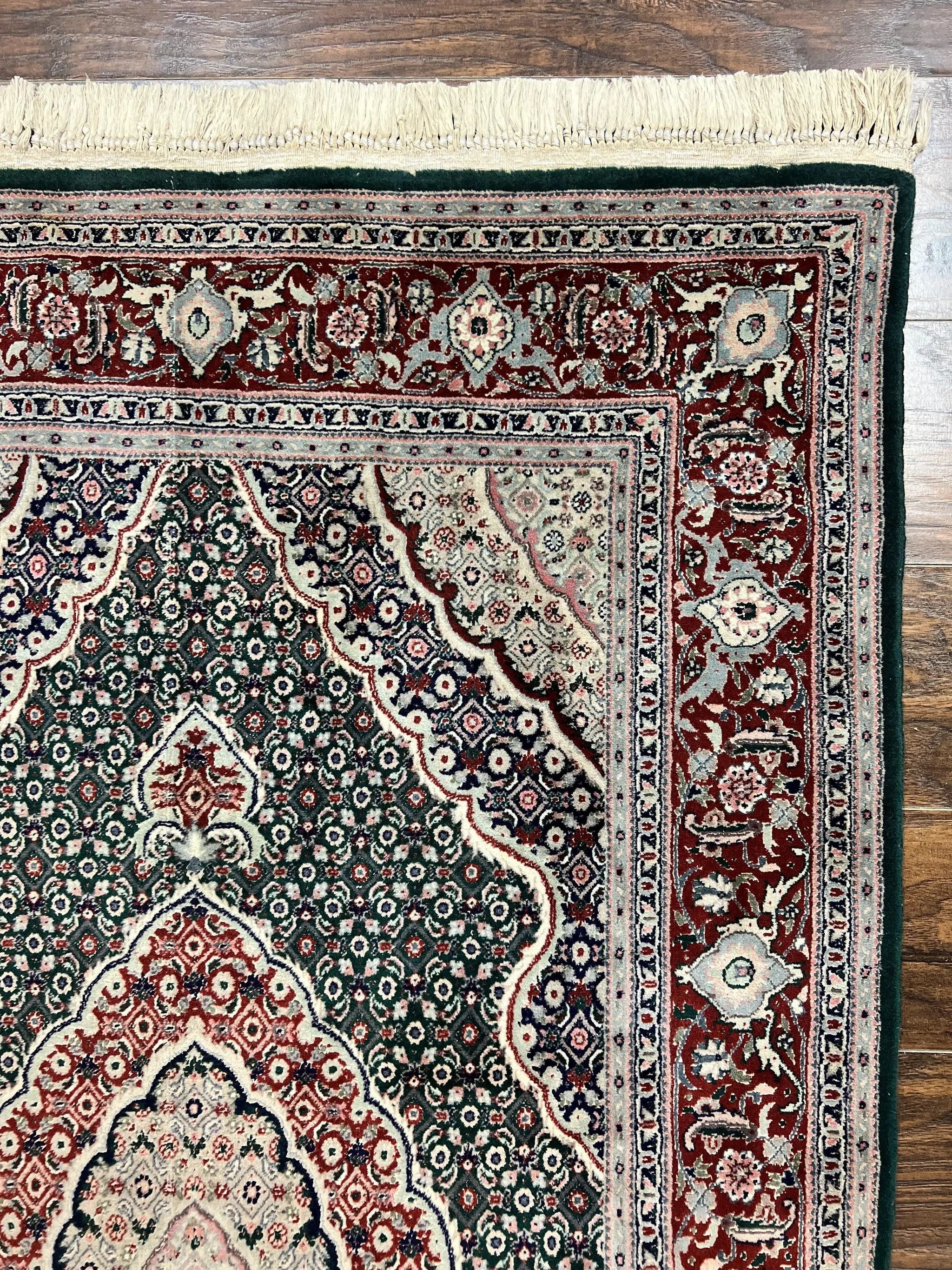 Sino Persian Rug 4x6, Wool with Silk Highlights, Fine Hand Knotted Carpet, Green & Maroon Red, Herati Medallion, Vintage Rug by Jewel Rugs