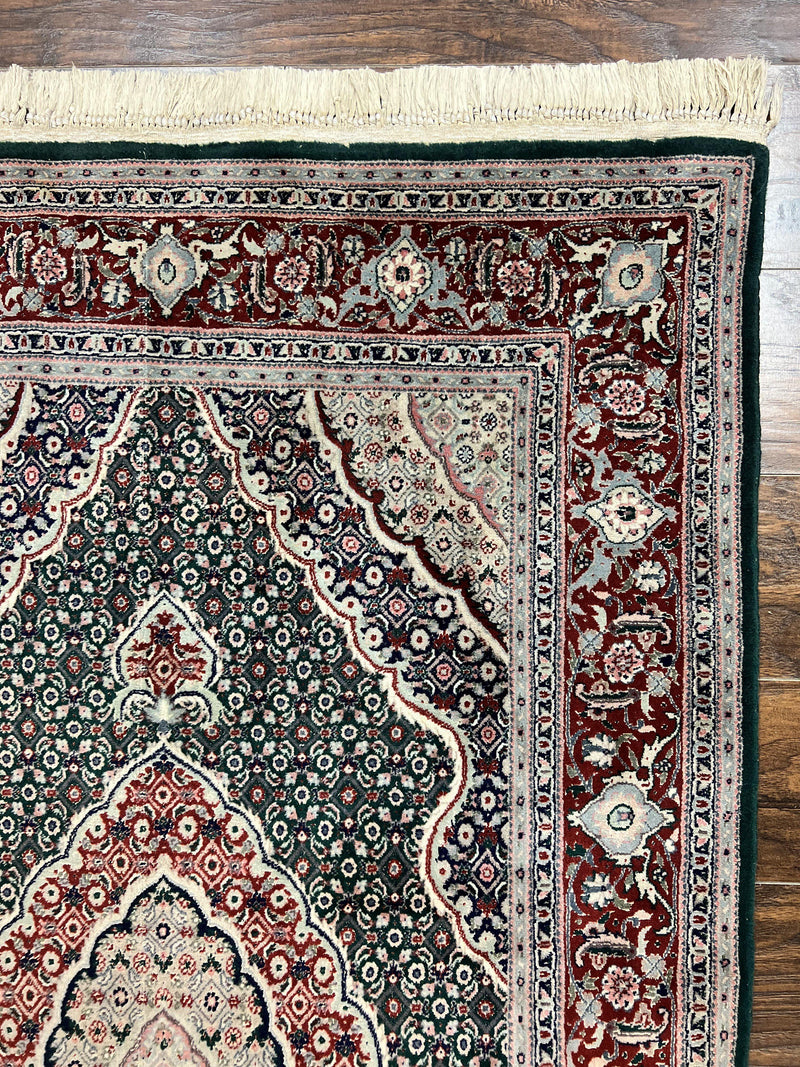 Sino Persian Rug 4x6, Wool with Silk Highlights, Fine Hand Knotted Carpet, Green & Maroon Red, Herati Medallion, Vintage Rug by Jewel Rugs